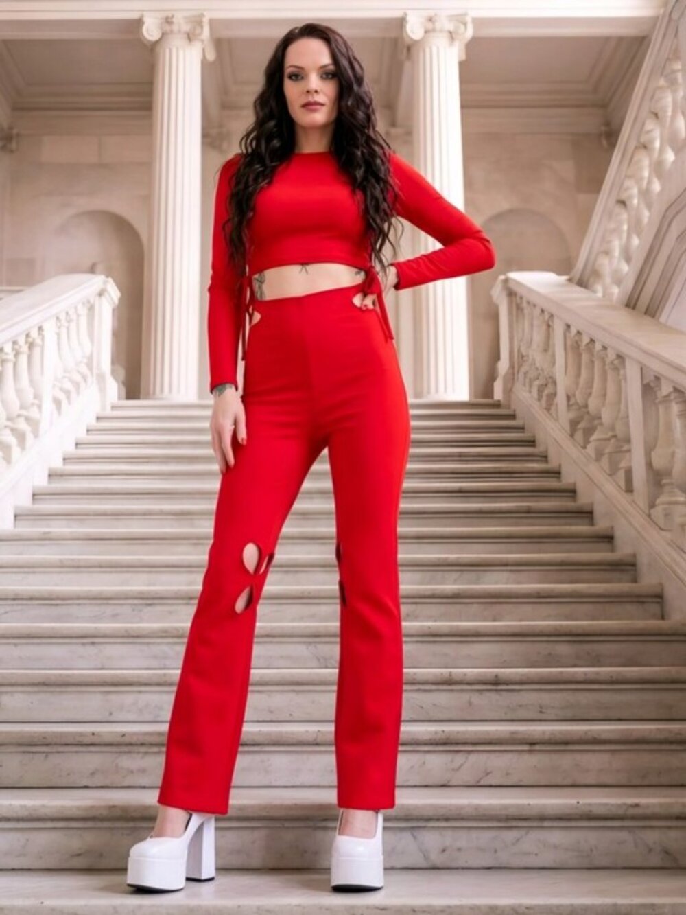 Zemeta ✦ Holey Pray Cut-Out Pants ✦ Cherry Red High-Waist Semi-Flare Sculpted M
